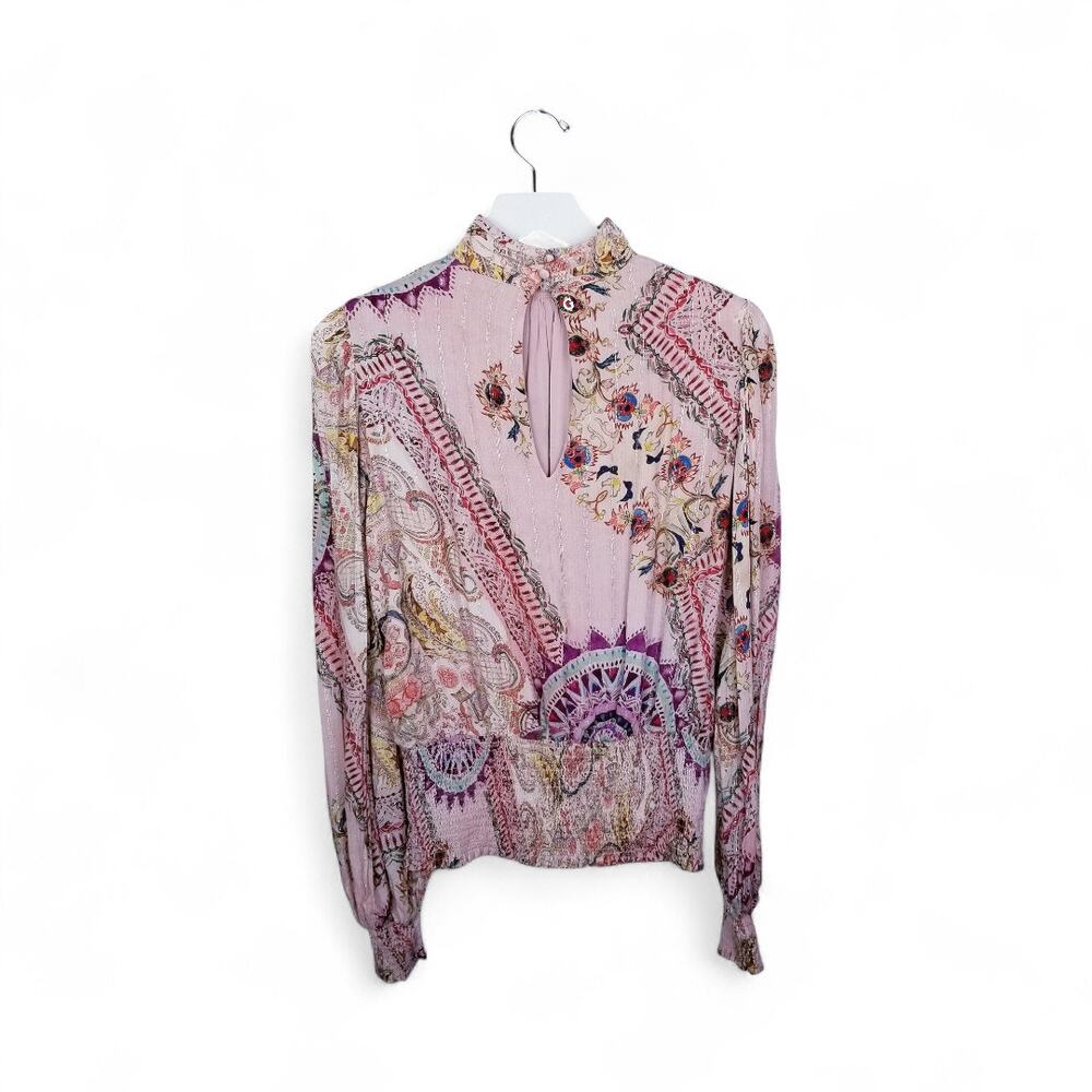 GUESS Monique Printed Mock Neck Smocked Blouse - Size L - Picture 6 of 12
